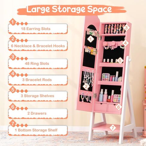 Costzon Kids Jewelry Armoire Cabinet, Standing Jewelry Organizer with Full-Length Mirror, Large Storage Capacity, Kids Vanity Dress Up Mirror Jewelry Cabinet for Girls (Pink) in Saudi Arabia