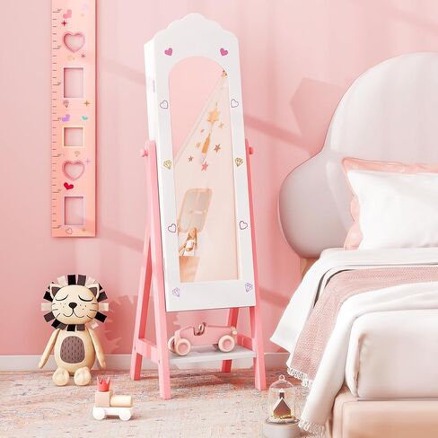 خزانة مجوهرات Costzon Kids Armoire ، منظم المجوهرات الدائم مع مرآة كاملة الطول ، سعة تخزين كبيرة ، خزانة ملابس كبيرة في فستان المرآة للبنات (وردي) in Kuwait