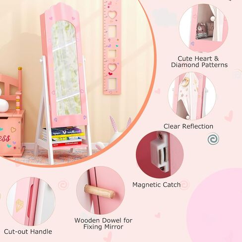 Costzon Kids Jewelry Armoire Cabinet, Standing Jewelry Organizer with Full-Length Mirror, Large Storage Capacity, Kids Vanity Dress Up Mirror Jewelry Cabinet for Girls (Pink) in Saudi Arabia
