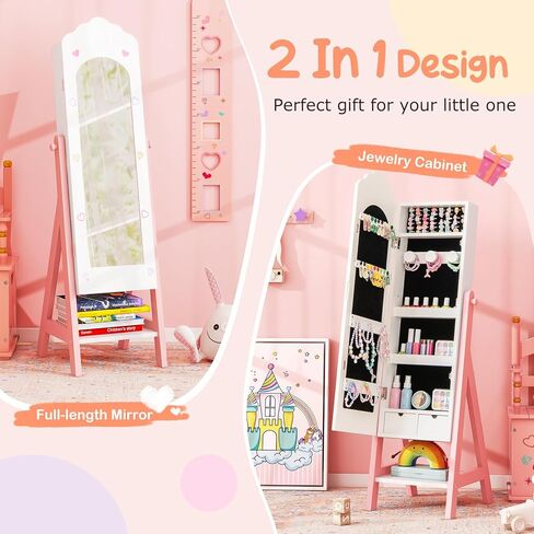 خزانة مجوهرات Costzon Kids Armoire ، منظم المجوهرات الدائم مع مرآة كاملة الطول ، سعة تخزين كبيرة ، خزانة ملابس كبيرة في فستان المرآة للبنات (وردي) in Kuwait