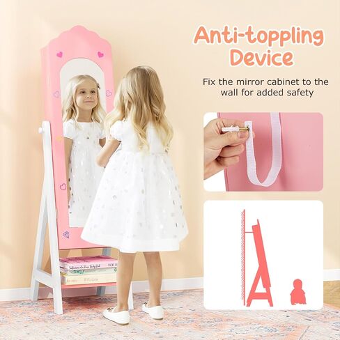 Costzon Kids Jewelry Armoire Cabinet, Standing Jewelry Organizer with Full-Length Mirror, Large Storage Capacity, Kids Vanity Dress Up Mirror Jewelry Cabinet for Girls (Pink) in Saudi Arabia