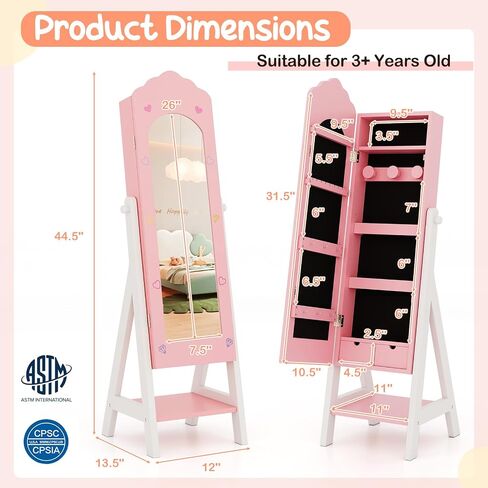 Costzon Kids Jewelry Armoire Cabinet, Standing Jewelry Organizer with Full-Length Mirror, Large Storage Capacity, Kids Vanity Dress Up Mirror Jewelry Cabinet for Girls (Pink) in Saudi Arabia