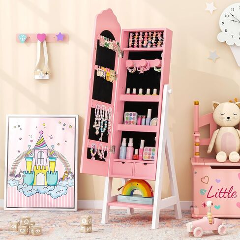 Costzon Kids Jewelry Armoire Cabinet, Standing Jewelry Organizer with Full-Length Mirror, Large Storage Capacity, Kids Vanity Dress Up Mirror Jewelry Cabinet for Girls (Pink) in Saudi Arabia