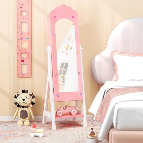 Costzon Kids Jewelry Armoire Cabinet, Standing Jewelry Organizer with Full-Length Mirror, Large Storage Capacity, Kids Vanity Dress Up Mirror Jewelry Cabinet for Girls (Pink) in Saudi Arabia
