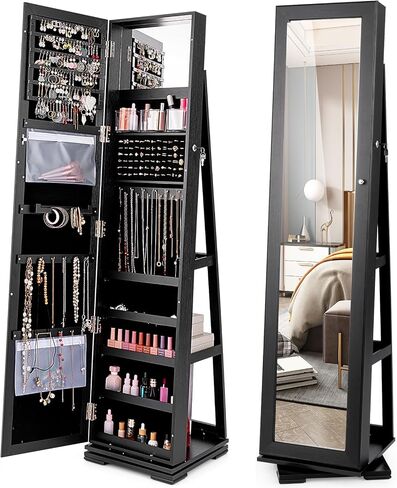 COSTWAY 360 Rotating Jewelry Armoire Cabinet, Standing Jewelry Organizer w/Full-Length Mirror & Large Storage Space, Lockable Mirror Jewelry Cabinet for Girls Women (Black) in Saudi Arabia