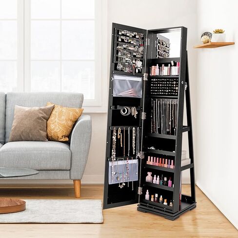 COSTWAY 360 Rotating Jewelry Armoire Cabinet, Standing Jewelry Organizer w/Full-Length Mirror & Large Storage Space, Lockable Mirror Jewelry Cabinet for Girls Women (Black) in Saudi Arabia