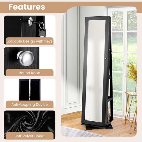 COSTWAY 360 Rotating Jewelry Armoire Cabinet, Standing Jewelry Organizer w/Full-Length Mirror & Large Storage Space, Lockable Mirror Jewelry Cabinet for Girls Women (Black) in Saudi Arabia