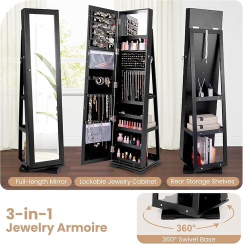 COSTWAY 360 Rotating Jewelry Armoire Cabinet, Standing Jewelry Organizer w/Full-Length Mirror & Large Storage Space, Lockable Mirror Jewelry Cabinet for Girls Women (Black) in Saudi Arabia