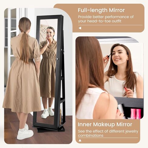 COSTWAY 360 Rotating Jewelry Armoire Cabinet, Standing Jewelry Organizer w/Full-Length Mirror & Large Storage Space, Lockable Mirror Jewelry Cabinet for Girls Women (Black) in Saudi Arabia