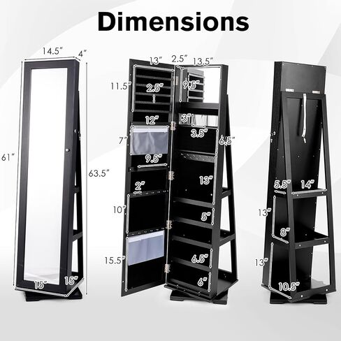 COSTWAY 360 Rotating Jewelry Armoire Cabinet, Standing Jewelry Organizer w/Full-Length Mirror & Large Storage Space, Lockable Mirror Jewelry Cabinet for Girls Women (Black) in Saudi Arabia