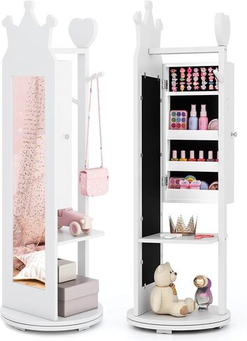 Costzon Kids Jewelry Armoire ، 360 ° دوار مجوهرات خزانة مع مرآة كاملة الطول ورفان الملابس ، فستان الأطفال مرآة مع تخزين المجوهرات ، 44 بوصة منظم المجوهرات الدائمة للفتيات (وردي) in Kuwait