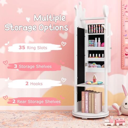 Costzon Kids Jewelry Armoire ، 360 ° دوار مجوهرات خزانة مع مرآة كاملة الطول ورفان الملابس ، فستان الأطفال مرآة مع تخزين المجوهرات ، 44 بوصة منظم المجوهرات الدائمة للفتيات (وردي) in Kuwait