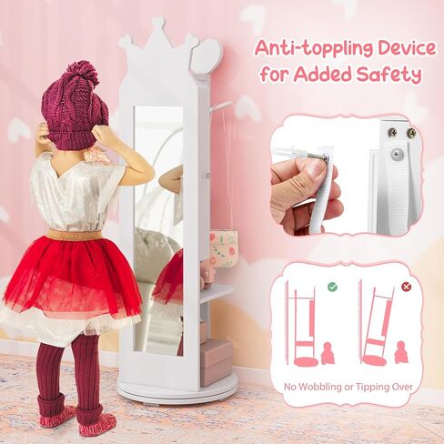Costzon Kids Jewelry Armoire ، 360 ° دوار مجوهرات خزانة مع مرآة كاملة الطول ورفان الملابس ، فستان الأطفال مرآة مع تخزين المجوهرات ، 44 بوصة منظم المجوهرات الدائمة للفتيات (وردي) in Kuwait