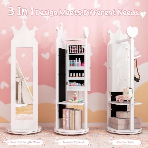 Costzon Kids Jewelry Armoire ، 360 ° دوار مجوهرات خزانة مع مرآة كاملة الطول ورفان الملابس ، فستان الأطفال مرآة مع تخزين المجوهرات ، 44 بوصة منظم المجوهرات الدائمة للفتيات (وردي) in Kuwait