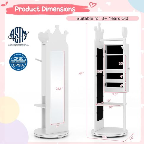 Costzon Kids Jewelry Armoire ، 360 ° دوار مجوهرات خزانة مع مرآة كاملة الطول ورفان الملابس ، فستان الأطفال مرآة مع تخزين المجوهرات ، 44 بوصة منظم المجوهرات الدائمة للفتيات (وردي) in Kuwait