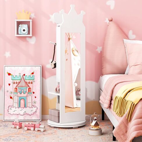 Costzon Kids Jewelry Armoire ، 360 ° دوار مجوهرات خزانة مع مرآة كاملة الطول ورفان الملابس ، فستان الأطفال مرآة مع تخزين المجوهرات ، 44 بوصة منظم المجوهرات الدائمة للفتيات (وردي) in Kuwait