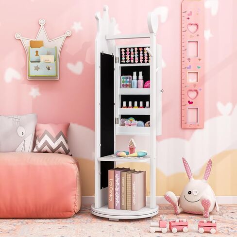 Costzon Kids Jewelry Armoire ، 360 ° دوار مجوهرات خزانة مع مرآة كاملة الطول ورفان الملابس ، فستان الأطفال مرآة مع تخزين المجوهرات ، 44 بوصة منظم المجوهرات الدائمة للفتيات (وردي) in Kuwait