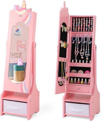 Costzon Kids Jewelry Armoire, 45.5" Standing Jewelry Cabinet with Full-Length Mirror, Storage Drawers, Kids Vanity Dress Up Mirror Jewelry Organizer for Little Girls (Pink) in Saudi Arabia