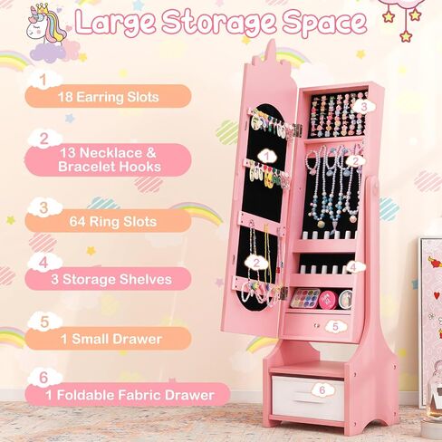 Costzon Kids Jewelry Armoire, 45.5" Standing Jewelry Cabinet with Full-Length Mirror, Storage Drawers, Kids Vanity Dress Up Mirror Jewelry Organizer for Little Girls (Pink) in Saudi Arabia