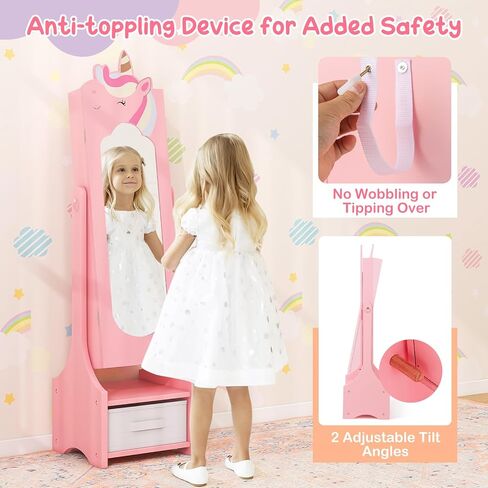 Costzon Kids Jewelry Armoire, 45.5" Standing Jewelry Cabinet with Full-Length Mirror, Storage Drawers, Kids Vanity Dress Up Mirror Jewelry Organizer for Little Girls (Pink) in Saudi Arabia