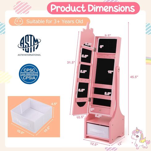Costzon Kids Jewelry Armoire, 45.5" Standing Jewelry Cabinet with Full-Length Mirror, Storage Drawers, Kids Vanity Dress Up Mirror Jewelry Organizer for Little Girls (Pink) in Saudi Arabia