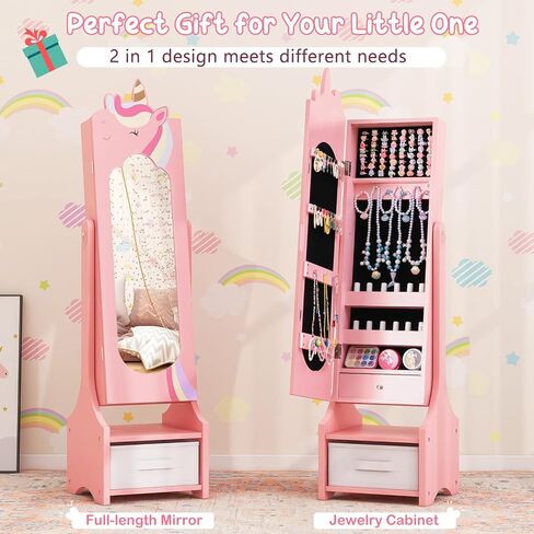 Costzon Kids Jewelry Armoire, 45.5" Standing Jewelry Cabinet with Full-Length Mirror, Storage Drawers, Kids Vanity Dress Up Mirror Jewelry Organizer for Little Girls (Pink) in Saudi Arabia