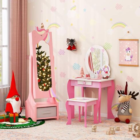 Costzon Kids Jewelry Armoire, 45.5" Standing Jewelry Cabinet with Full-Length Mirror, Storage Drawers, Kids Vanity Dress Up Mirror Jewelry Organizer for Little Girls (Pink) in Saudi Arabia