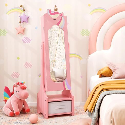 Costzon Kids Jewelry Armoire, 45.5" Standing Jewelry Cabinet with Full-Length Mirror, Storage Drawers, Kids Vanity Dress Up Mirror Jewelry Organizer for Little Girls (Pink) in Saudi Arabia