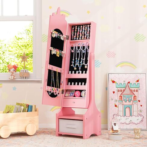 Costzon Kids Jewelry Armoire, 45.5" Standing Jewelry Cabinet with Full-Length Mirror, Storage Drawers, Kids Vanity Dress Up Mirror Jewelry Organizer for Little Girls (Pink) in Saudi Arabia