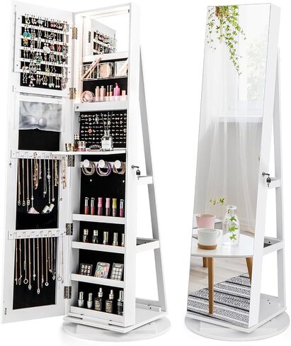 HAPPYGRILL 360° Jewelry Armoire w/Full Length Mirror, Lockable Jewelry Storage Organizer w/3-Color LED lights, Storage Shelves, Inside Flip-Open Mirror, Standing Jewelry Cabinet for Women (Brown) in Saudi Arabia