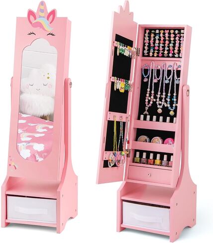 Costzon Kids Jewelry Armoire Cabinet, 45.5" Standing Jewelry Organizer with Full-Length Mirror, Storage Drawers, Kids Vanity Dress Up Mirror Jewelry Cabinet for Girls (White) in Saudi Arabia