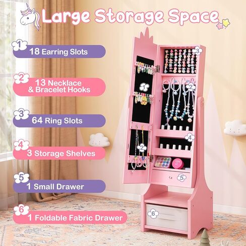 Costzon Kids Jewelry Armoire Cabinet, 45.5" Standing Jewelry Organizer with Full-Length Mirror, Storage Drawers, Kids Vanity Dress Up Mirror Jewelry Cabinet for Girls (White) in Saudi Arabia