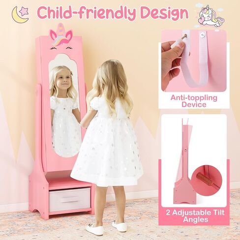 Costzon Kids Jewelry Armoire Cabinet, 45.5" Standing Jewelry Organizer with Full-Length Mirror, Storage Drawers, Kids Vanity Dress Up Mirror Jewelry Cabinet for Girls (White) in Saudi Arabia