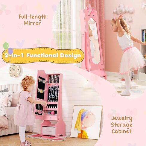 Costzon Kids Jewelry Armoire Cabinet, 45.5" Standing Jewelry Organizer with Full-Length Mirror, Storage Drawers, Kids Vanity Dress Up Mirror Jewelry Cabinet for Girls (White) in Saudi Arabia