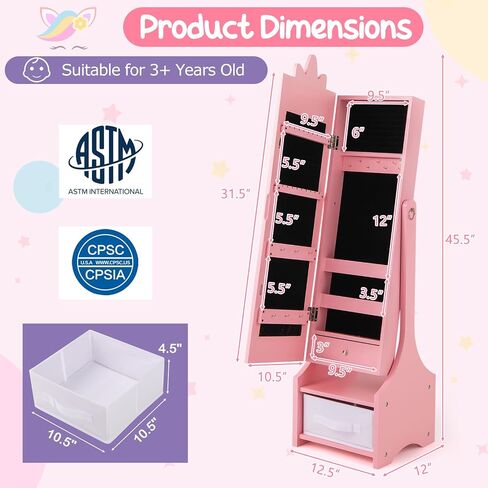 Costzon Kids Jewelry Armoire Cabinet, 45.5" Standing Jewelry Organizer with Full-Length Mirror, Storage Drawers, Kids Vanity Dress Up Mirror Jewelry Cabinet for Girls (White) in Saudi Arabia