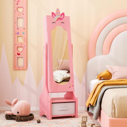 Costzon Kids Jewelry Armoire Cabinet, 45.5" Standing Jewelry Organizer with Full-Length Mirror, Storage Drawers, Kids Vanity Dress Up Mirror Jewelry Cabinet for Girls (White) in Saudi Arabia