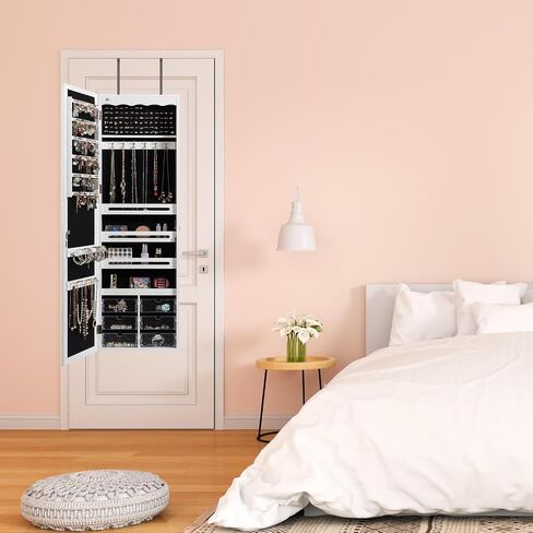 LOKO Lockable Wall-Mounted Mirror Jewelry Cabinet, Tall Jewelry Organizer with 5 LEDs, Large Capacity Jewelry Armoire with Full Length Mirror and 6 Drawers for Women Girls (White) in Saudi Arabia