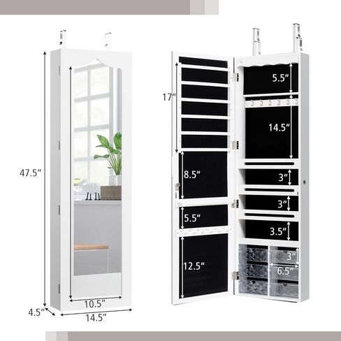 LOKO Lockable Wall-Mounted Mirror Jewelry Cabinet, Tall Jewelry Organizer with 5 LEDs, Large Capacity Jewelry Armoire with Full Length Mirror and 6 Drawers for Women Girls (White) in Saudi Arabia