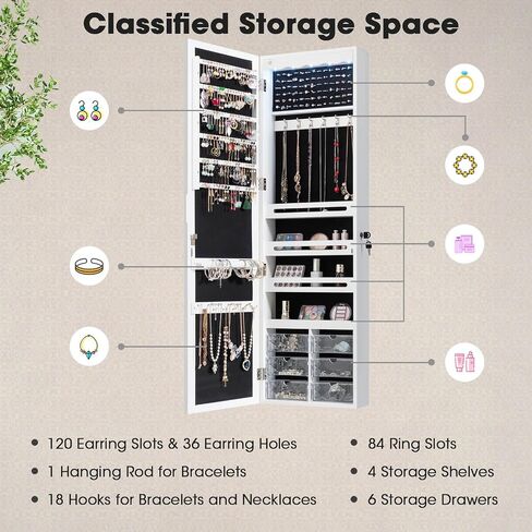LOKO Lockable Wall-Mounted Mirror Jewelry Cabinet, Tall Jewelry Organizer with 5 LEDs, Large Capacity Jewelry Armoire with Full Length Mirror and 6 Drawers for Women Girls (White) in Saudi Arabia