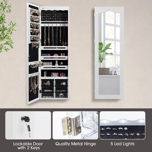 LOKO Lockable Wall-Mounted Mirror Jewelry Cabinet, Tall Jewelry Organizer with 5 LEDs, Large Capacity Jewelry Armoire with Full Length Mirror and 6 Drawers for Women Girls (White) in Saudi Arabia