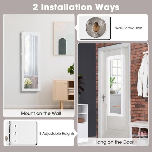 LOKO Lockable Wall-Mounted Mirror Jewelry Cabinet, Tall Jewelry Organizer with 5 LEDs, Large Capacity Jewelry Armoire with Full Length Mirror and 6 Drawers for Women Girls (White) in Saudi Arabia