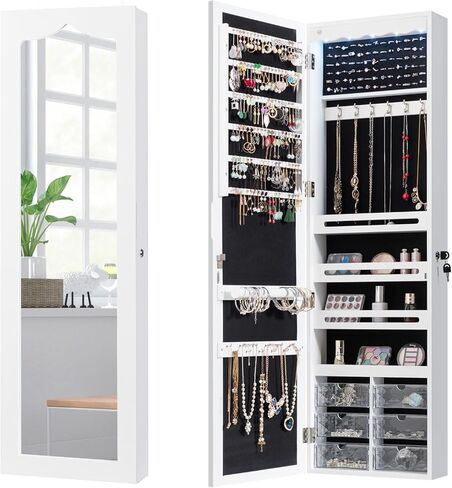 LOKO Lockable Wall-Mounted Mirror Jewelry Cabinet, Tall Jewelry Organizer with 5 LEDs, Large Capacity Jewelry Armoire with Full Length Mirror and 6 Drawers for Women Girls (White) in Saudi Arabia