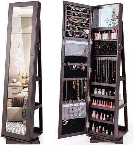 Moccha 2-in-1 Mirrored Jewelry Cabinet, 360 Rotating Free Standing Jewelry Armoire, Lockable Large Capacity Jewelry Organizer w/Full Length Mirror, Inside Makeup Mirror (Vintage Brown) in Saudi Arabia