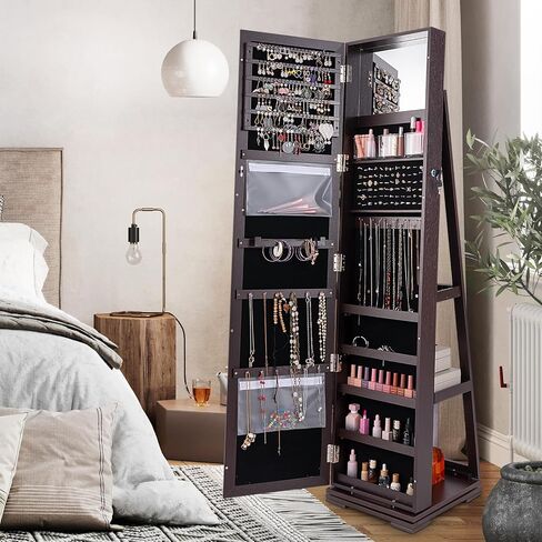 Moccha 2-in-1 Mirrored Jewelry Cabinet, 360 Rotating Free Standing Jewelry Armoire, Lockable Large Capacity Jewelry Organizer w/Full Length Mirror, Inside Makeup Mirror (Vintage Brown) in Saudi Arabia