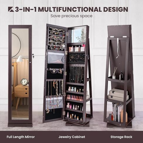 Moccha 2-in-1 Mirrored Jewelry Cabinet, 360 Rotating Free Standing Jewelry Armoire, Lockable Large Capacity Jewelry Organizer w/Full Length Mirror, Inside Makeup Mirror (Vintage Brown) in Saudi Arabia