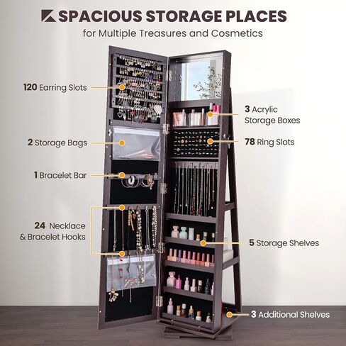 Moccha 2-in-1 Mirrored Jewelry Cabinet, 360 Rotating Free Standing Jewelry Armoire, Lockable Large Capacity Jewelry Organizer w/Full Length Mirror, Inside Makeup Mirror (Vintage Brown) in Saudi Arabia