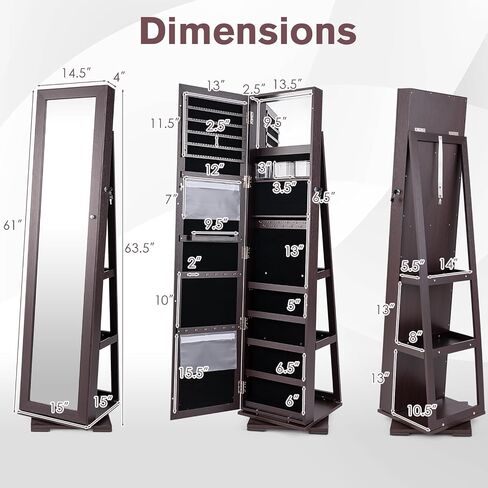 Moccha 2-in-1 Mirrored Jewelry Cabinet, 360 Rotating Free Standing Jewelry Armoire, Lockable Large Capacity Jewelry Organizer w/Full Length Mirror, Inside Makeup Mirror (Vintage Brown) in Saudi Arabia