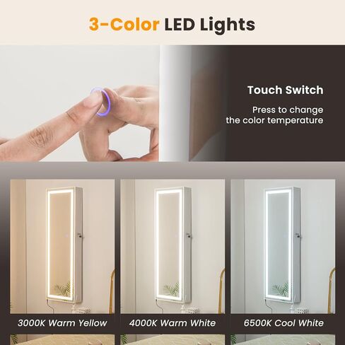 خزانة مجوهرات المرآة LED COSTWAY ، منظم مجوهرات الباب المثبت على باب الجدار مع 3 ألوان مصابيح LED ، مرآة كاملة الطول مع تخزين المجوهرات ، مجوهرات معلقة قابلة للقفل للنساء الفتيات (أسود) in Kuwait
