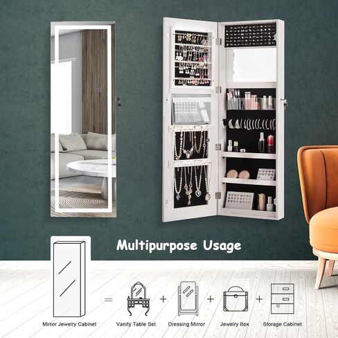 خزانة مجوهرات المرآة LED COSTWAY ، منظم مجوهرات الباب المثبت على باب الجدار مع 3 ألوان مصابيح LED ، مرآة كاملة الطول مع تخزين المجوهرات ، مجوهرات معلقة قابلة للقفل للنساء الفتيات (أسود) in Kuwait