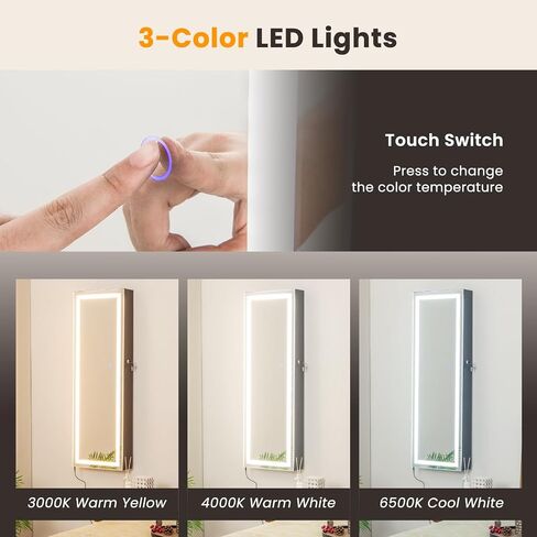 خزانة مجوهرات المرآة LED COSTWAY ، منظم مجوهرات الباب المثبت على باب الجدار مع 3 ألوان مصابيح LED ، مرآة كاملة الطول مع تخزين المجوهرات ، مجوهرات معلقة قابلة للقفل للنساء الفتيات (أسود) in Kuwait